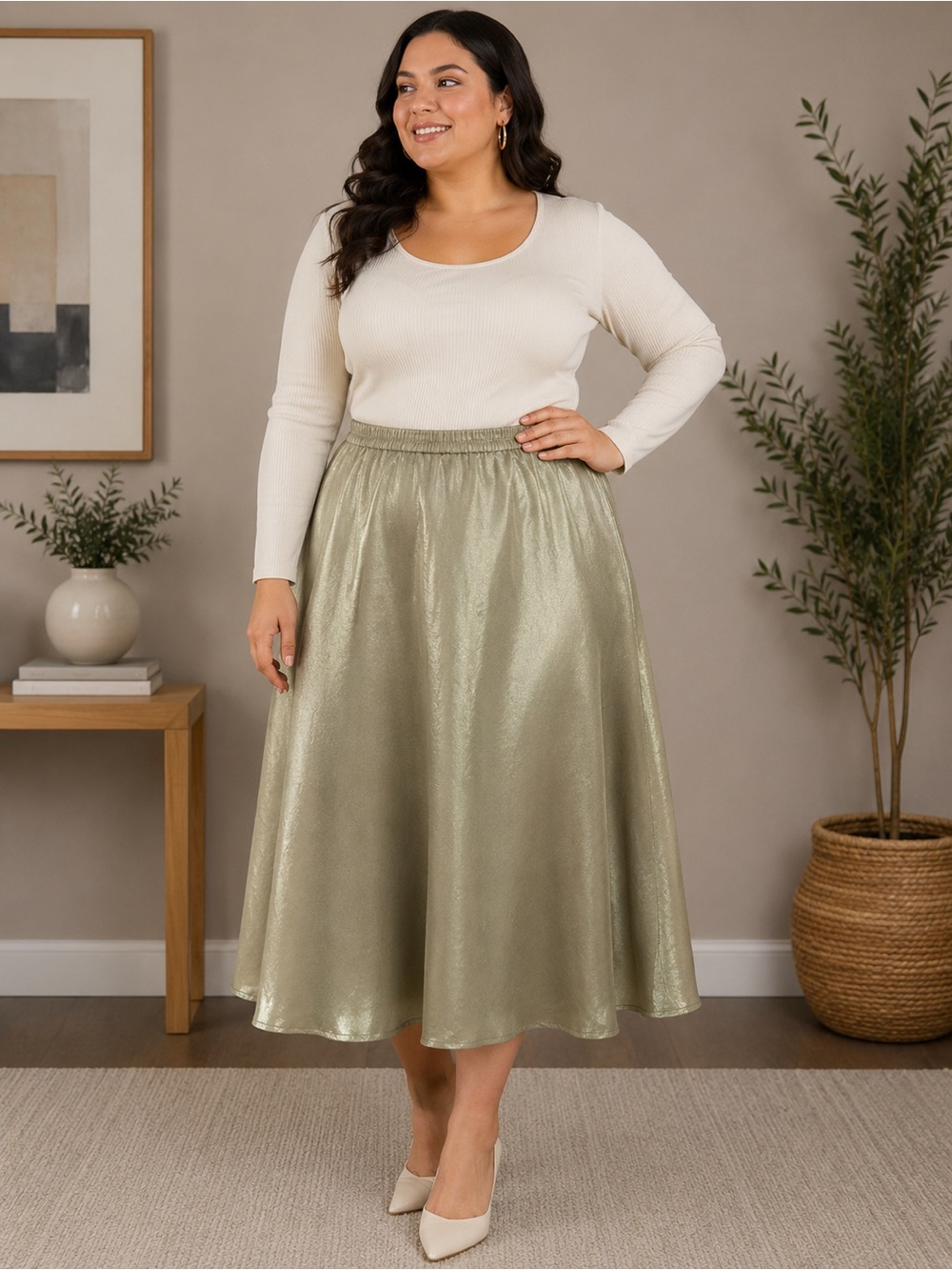 Olsen Women’s Olive Sage Shimmer Midi Skirt – Size 16